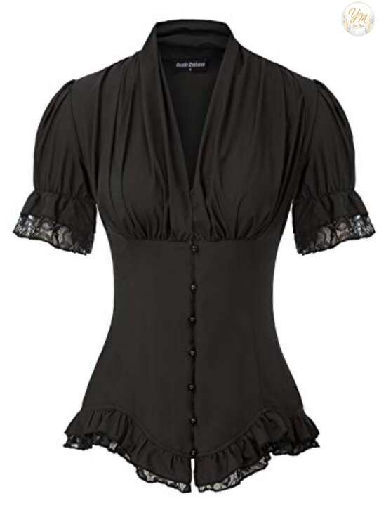 Tops - Short Sleeve Victorian Peasant Blouse with Ruffled Cuffs and Back Lacing